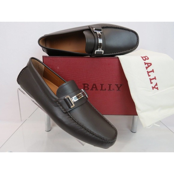 BALLY DRULIO DARK BROWN CHOCOLATE LEATHER METAL LOGO DRIVING LOAFERS US 10 D main image 4